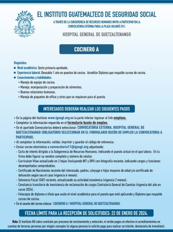Convocatoria de la plaza: Cocinero para el Hospital General de Quetzaltenango