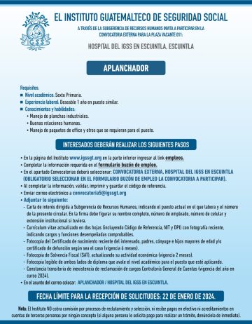 Convocatoria de la plaza: Aplanchador para el Hospital en Escuintla, Escuintla