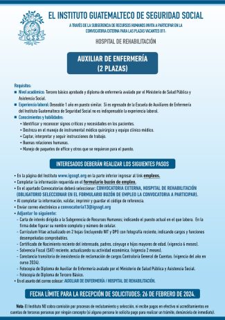 Convocatoria de la plaza: Auxiliar de Enfermería para el Hospital de Rehabilitación