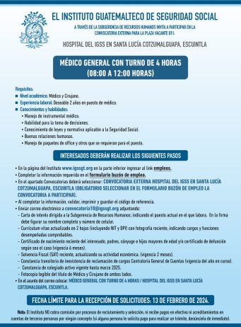 Convocatoria de la plaza: Médico General para el Hospital en Santa Lucía Cotzumalguapa, Escuintla