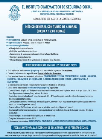 Convocatoria de la plaza: Médico General para el Consultorio en La Gomera, Escuintla