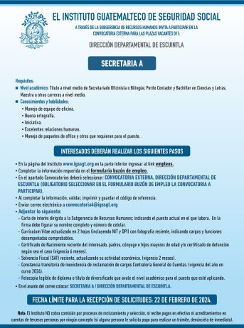 Convocatoria de la plaza: Secretaria para la Dirección Departamental de Escuintla