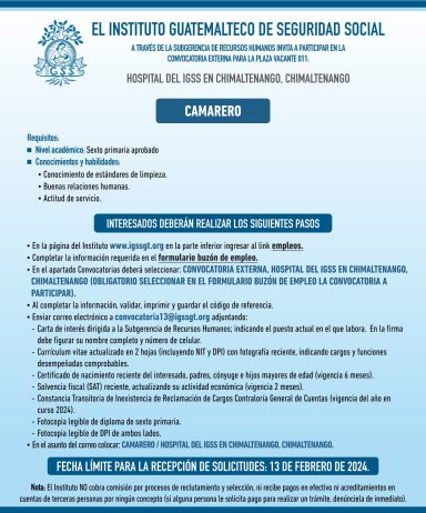 Convocatoria de la plaza: Camarero para el Hospital en Chimaltenango, Chimaltenango
