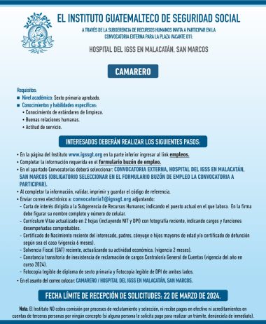 Convocatoria de la plaza: Camarero para el Hospital en Malacatán, San Marcos