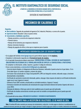 Convocatoria de la plaza: Mecánico de Calderas para la División de Mantenimiento