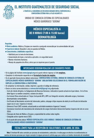 Convocatoria de la plaza: Médico Especialista (Dermatología) para la Unidad de Consulta Externa Gerona