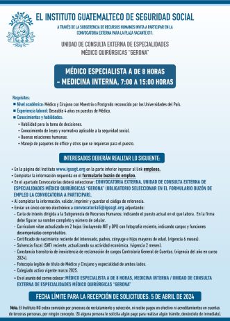 Convocatoria de la plaza: Médico Especialista (Medicina Interna) para la Unidad de Consulta Externa Gerona