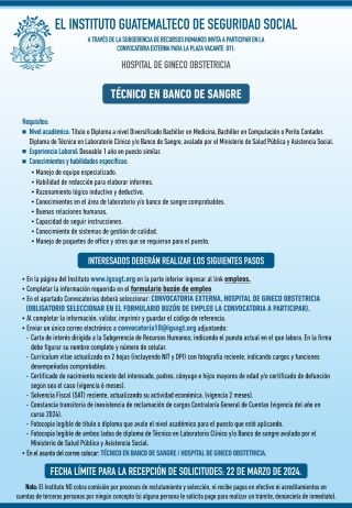 Convocatoria de la plaza: Técnico en Banco de Sangre para el Hospital de Gineco Obstetricia