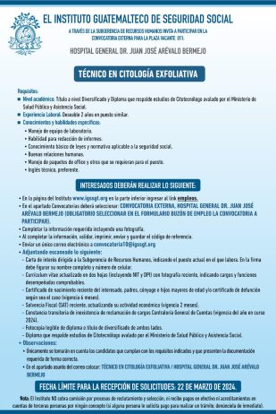 Convocatoria de la plaza: Técnico en Citología Exfoliativa para el Hospital General Dr. Juan José Arévalo Bermejo