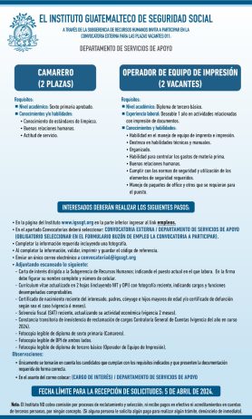 Convocatoria para las plazas: Camarero y Operador de Equipo de Impresión para el Departamento de Servicios de Apoyo