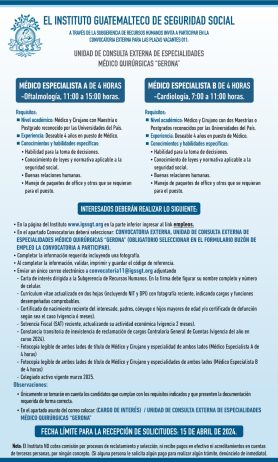 Convocatoria de plazas: Médicos Especialistas (Oftalmología y Cardiología) para la Unidad de Consulta Externa Gerona