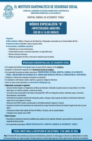 Convocatoria de la plaza: Médico Especialista (Infectología Adultos) para el Hospital General de Accidentes Ceibal