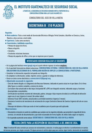 Convocatoria de la plaza: Secretaria B (10 plazas) para el Consultorio en Villa Nueva, Guatemala