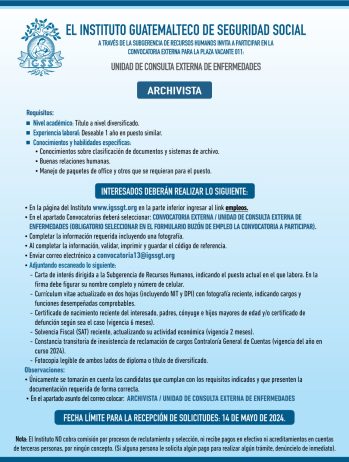 Convocatoria de la plaza: Archivista para la Unidad de Consulta Externa de Enfermedades