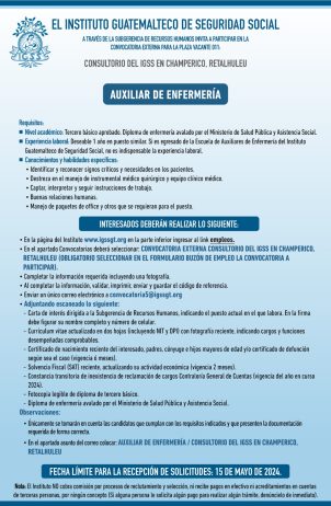 Convocatoria de la plaza: Auxiliar de Enfermería para el Consultorio en Champerico, Retalhuleu