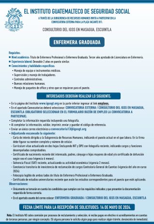Convocatoria de la plaza: Enfermera Graduada para el Consultorio en Masagua, Escuintla