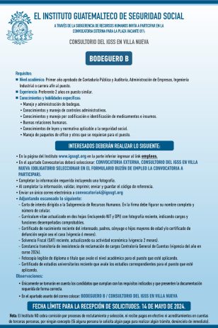 Convocatoria de la plaza: Bodeguero para el Consultorio en Villa Nueva