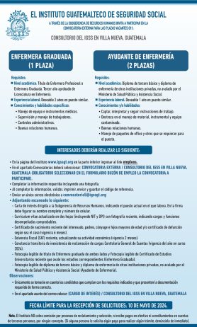 Convocatoria de las plazas: Enfermera Graduada y Ayudante de Enfermería para el Consultorio en Villa Nueva