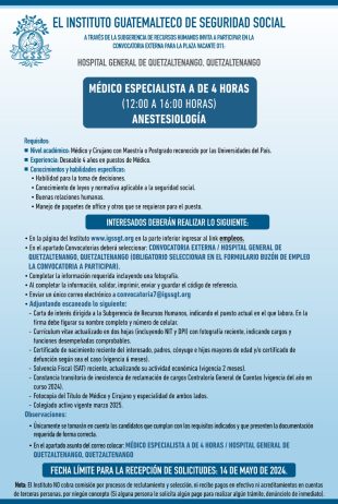 Convocatoria de la plaza: Médico Especialista para el Hospital General de Quetzaltenango