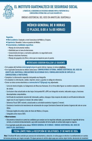 Convocatoria de la plaza: Médico General para la Unidad Asistencial en Amatitlán, Guatemala