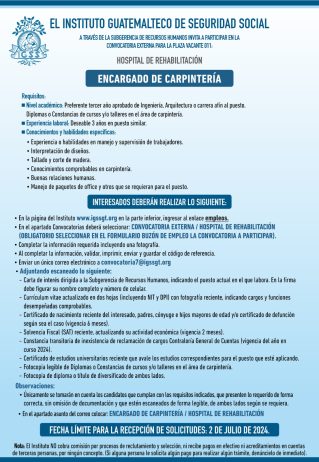 Convocatoria de la plaza: Encargado de carpintería para el Hospital de Rehabilitación