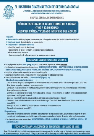 Convocatoria de la plaza: Médico Especialista (Medicina Crítica y Cuidado Intensivo del Adulto) para el Hospital General de Enfermedades