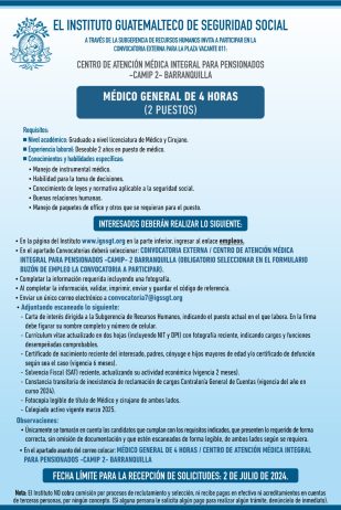Convocatoria de la plaza: Médico General para la Unidad CAMIP 2 Barranquilla, Guatemala