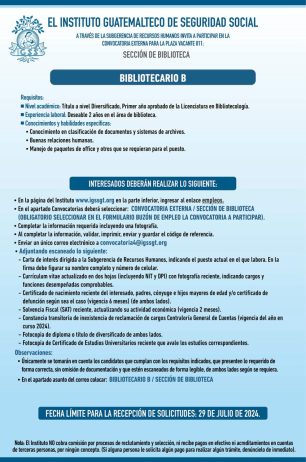 Convocatoria de la plaza: Bibliotecario para la Sección de Biblioteca del IGSS