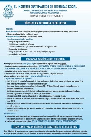 Convocatoria de la plaza: Técnico en Citología Exfoliativa para el Hospital General de Enfermedades