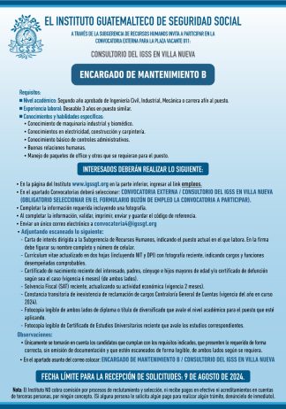 Convocatoria de la plaza: Encargado de Mantenimiento para el Consultorio en Villa Nueva