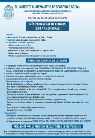 Convocatoria de la plaza: Médico General para el Hospital en Cobán, Alta Verapaz