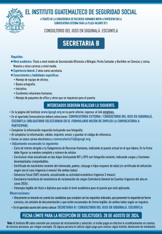 Convocatoria de la plaza: Secretaria para el Consultorio en Siquinalá, Escuintla