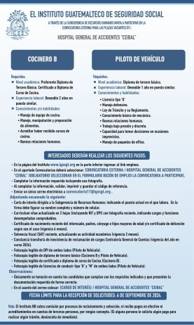 Convocatoria de las plazas: Cocinero y Piloto de Vehículo para el Hospital General de Accidentes Ceibal