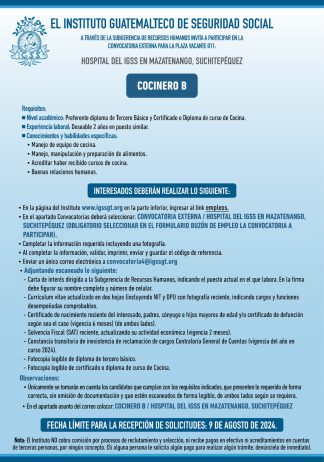 Convocatoria de la plaza: Cocinero para el Hospital en Mazatenango, Suchitepéquez