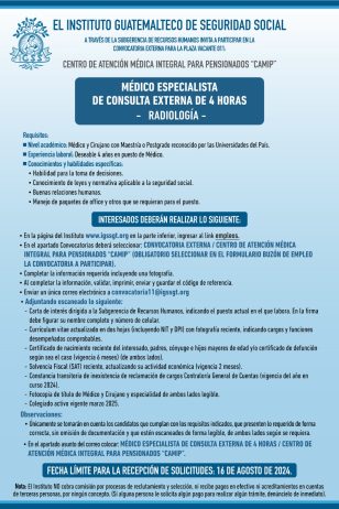Convocatoria de la plaza: Médico Especialista (Radiología) para la Unidad CAMIP, Ciudad de Guatemala