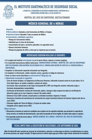 Convocatoria de la plaza: Médico General para el Hospital en Coatepeque, Quetzaltenango