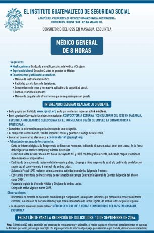 Convocatoria de la plaza: Médico General para el Consultorio en Masagua, Escuintla