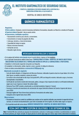 Convocatoria de la plaza: Químico Farmacéutico para el Hospital de Gineco Obstetricia