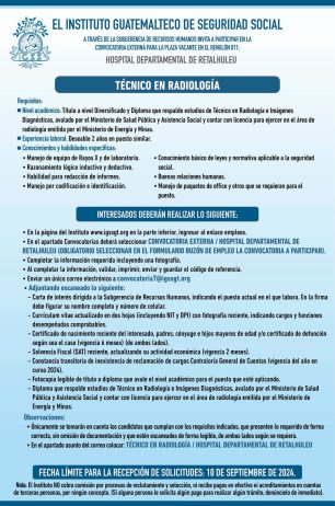 Convocatoria de la plaza: Técnico en Radiología para el Hospital Departamental de Retalhuleu