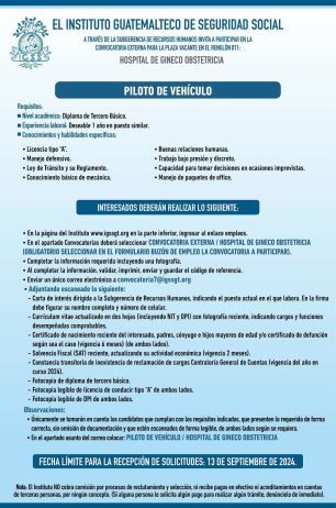 Convocatoria de la plaza: Piloto de Vehículo para el Hospital de Gineco Obstetricia