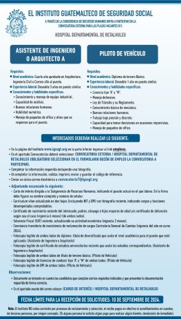 Convocatoria de las plazas: Asistente de Ingeniero o Arquitecto y Piloto de Vehículo para el Hospital Departamental de Retalhuleu