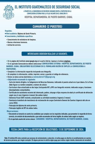 Convocatoria de la plaza: Camarero para el Hospital Departamental de Puerto Barrios, Izabal