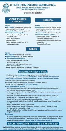 Convocatoria de las plazas: Electricista, Herrero y Asistente de Ingeniero o Arquitecto para la División de Mantenimiento, Ciudad de Guatemala