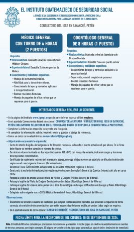 Convocatoria de las plazas: Médico General y Odontólogo General para el Consultorio Sayaxché, Petén