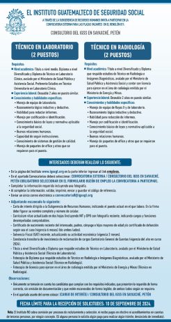 Convocatoria de las plazas: Técnico en Laboratorio y Técnico en Radiología para el Consultorio Sayaxché, Petén
