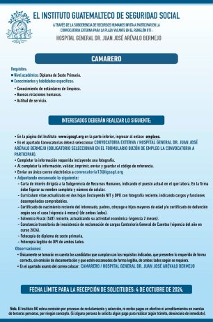 Convocatoria de la plaza: Camarero para el Hospital General Dr. Juan José Arévalo Bermejo