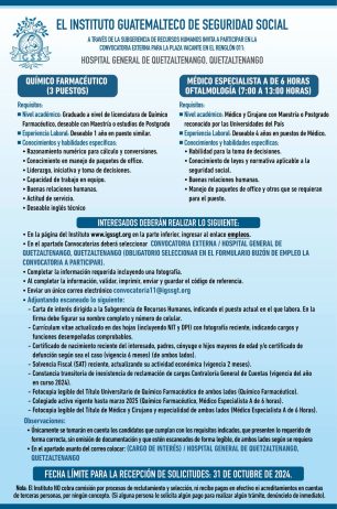 Convocatoria de las plazas: Químico Farmacéutico y Médico Especialista (Oftalmología) para el Hospital General de Quetzaltenango