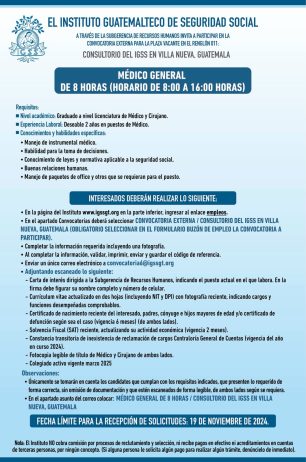 Convocatoria de la plaza: Médico General para el Consultorio en Villa Nueva, Guatemala