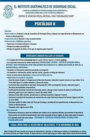 Convocatoria de la plaza: Psicólogo para el Centro de Atención Médica Integral para Pensionados CAMIP