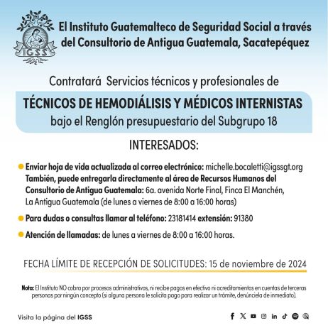 El IGSS contratará servicios técnicos y profesionales: Técnicos de Hemodiálisis y Médicos Internistas